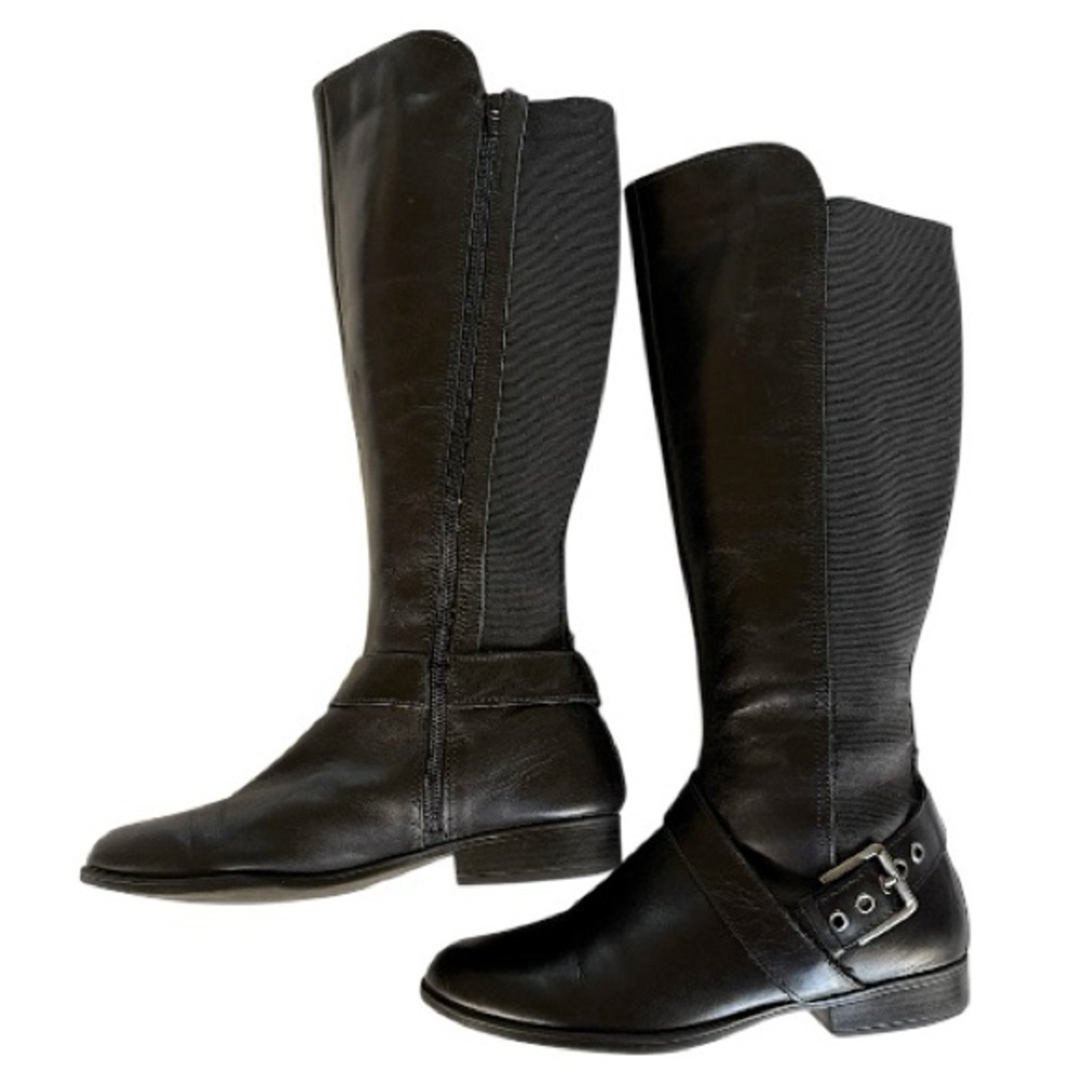 Liz Claiborne Black Leather Nicole Buckle Knee-High Riding Boots Stretch Sz 8.5M